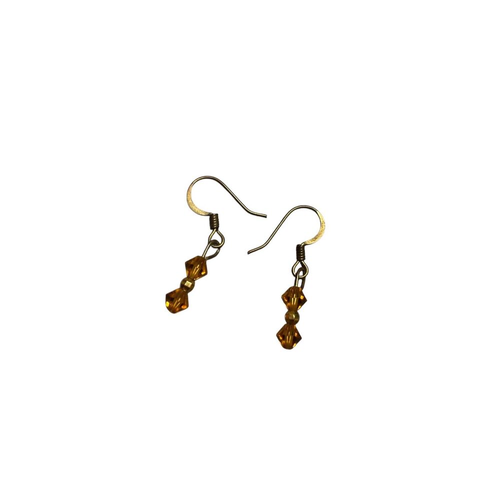 Vintage Handmade Orange Faceted Crystal Dangle Earrings - Gold Tone